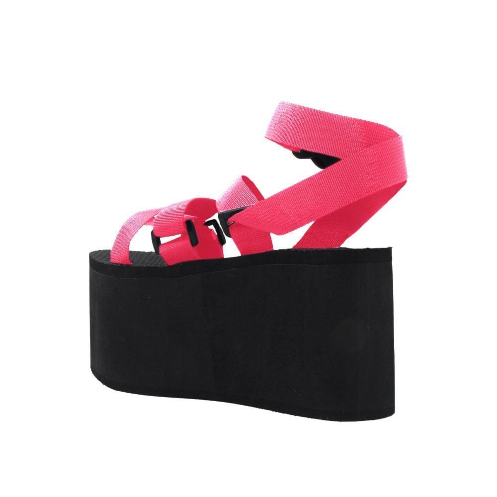 Strap upper rubber sole women shoes in neon pink-posterior view