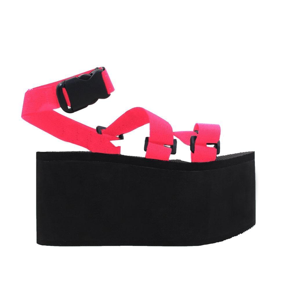 Strap upper rubber sole women shoes in neon pink-side view