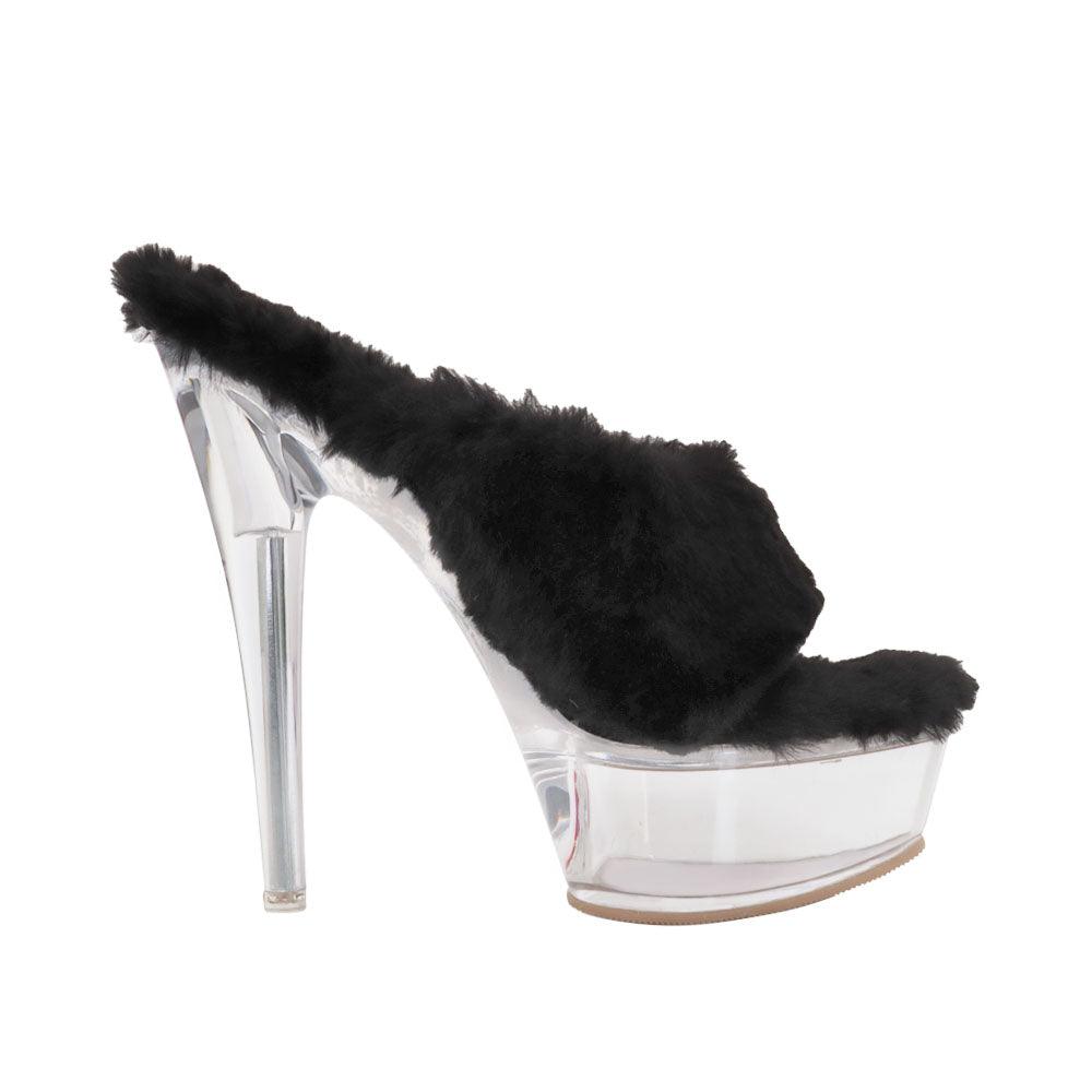 Women slip ons with fur and transparent platform in black