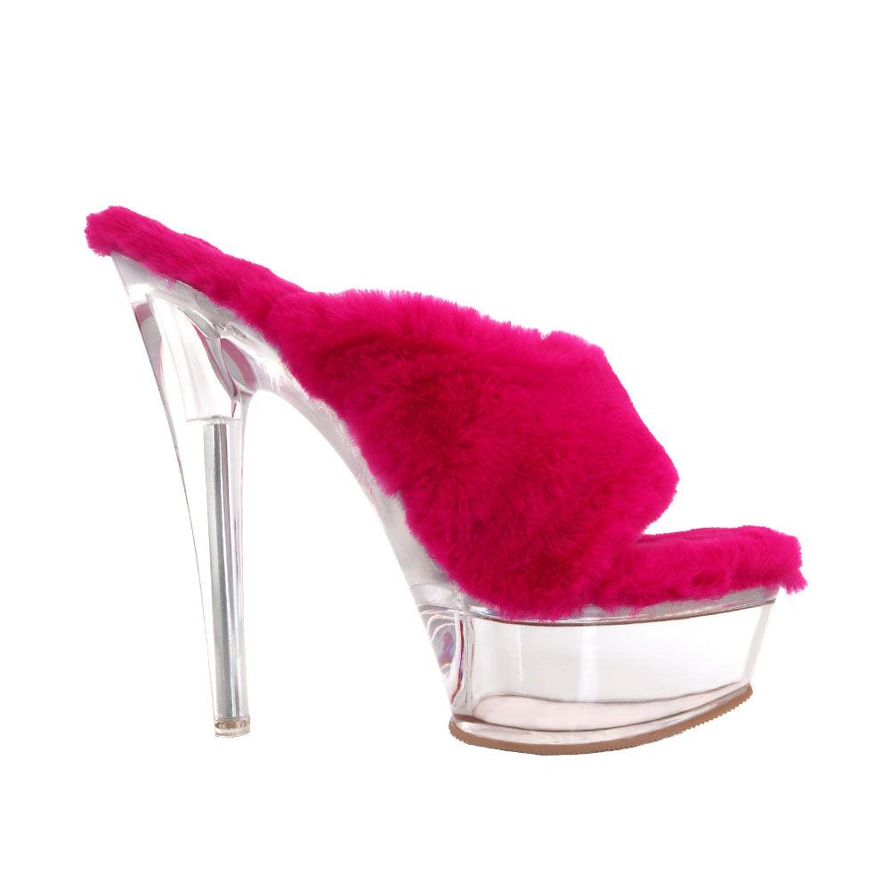 Women slip ons with fur and transparent platform in fuchsia