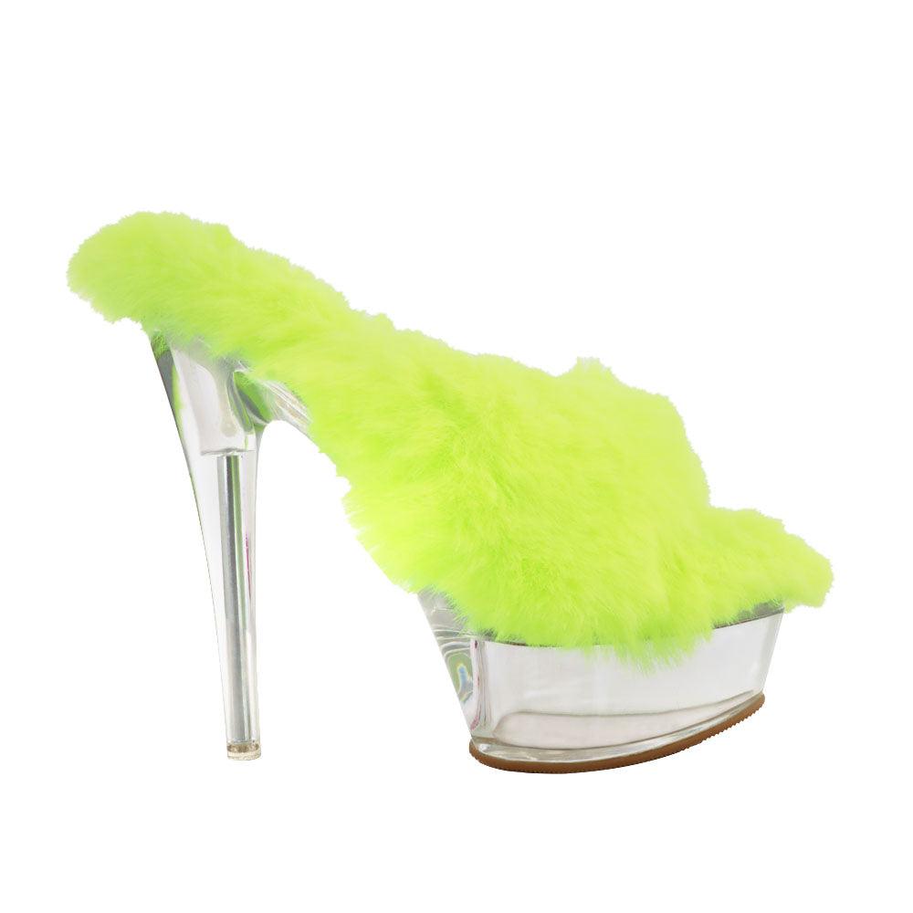 Women slip ons with fur and transparent platform in neon yellow