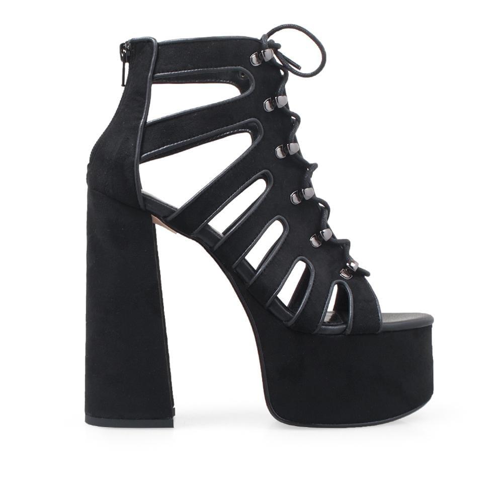 Platform heels with lace up design and back zipper clasp in black