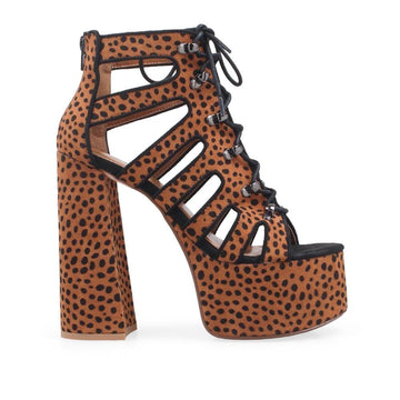 Platform heels in cheetah design with open toe, lace up design and back zipper clasp