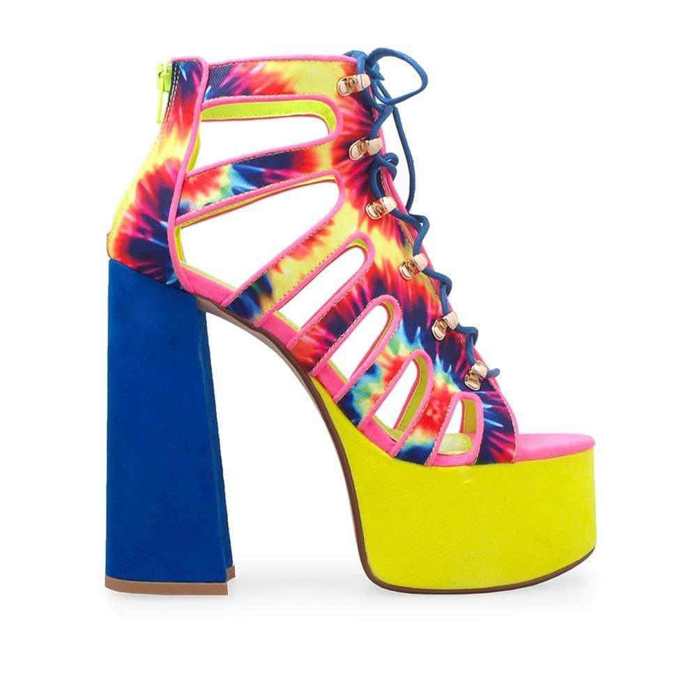 Multi-colored platform heels with lace up design and back zipper closure