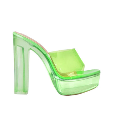 Lime colored platform with translucent block heels and slip on design