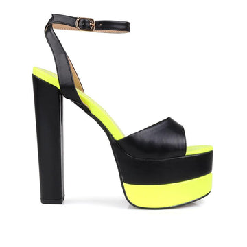Black and yellow colored platforms with block heels and ankle buckle clasp
