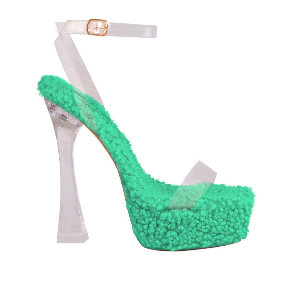 Green shearling upper and platform heels with ankle transparent buckle clasp