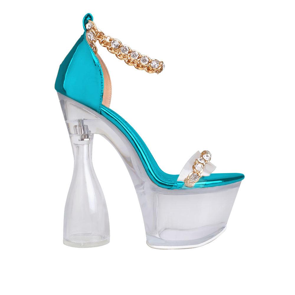 Teal colored platform heels with slip on style and ankle chain clasp