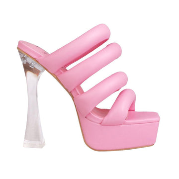 Pink colored platform with translucent heels and slip on design