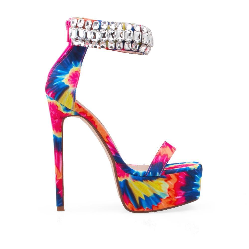 Multi-color platform heels with gem-encrusted ankle cuff and back zip clasp.