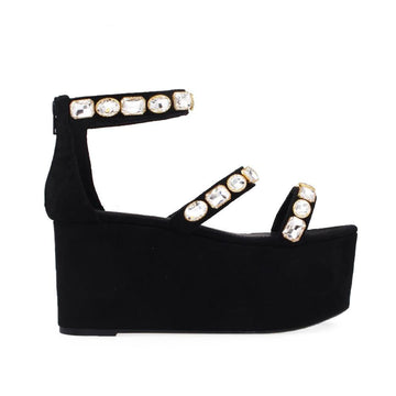 Women platform shoes with rhinestone embellishment and back zipper clasp in black color