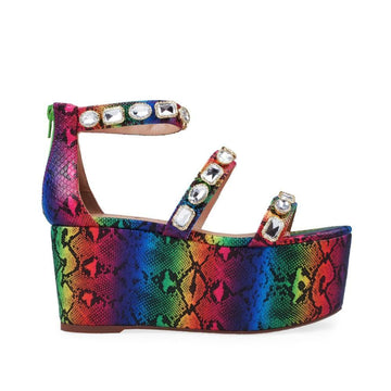 Women's platform shoes with rhinestone embellishment and back zip closure in rainbow color with snake pattern