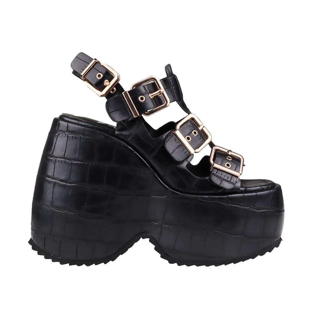 Black buckle strap platforms with ankle buckle clasp