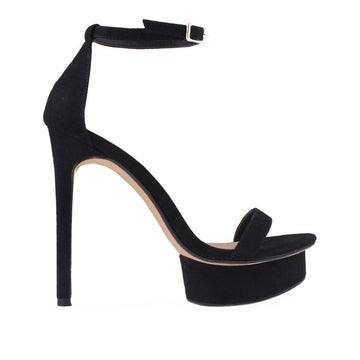 Women heels with open toe and ankle buck closure in black color