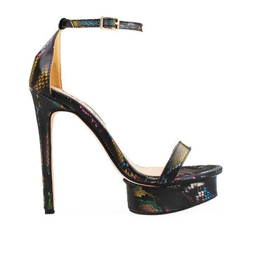 Multi-color heels for women with an open toe and ankle buck closure.