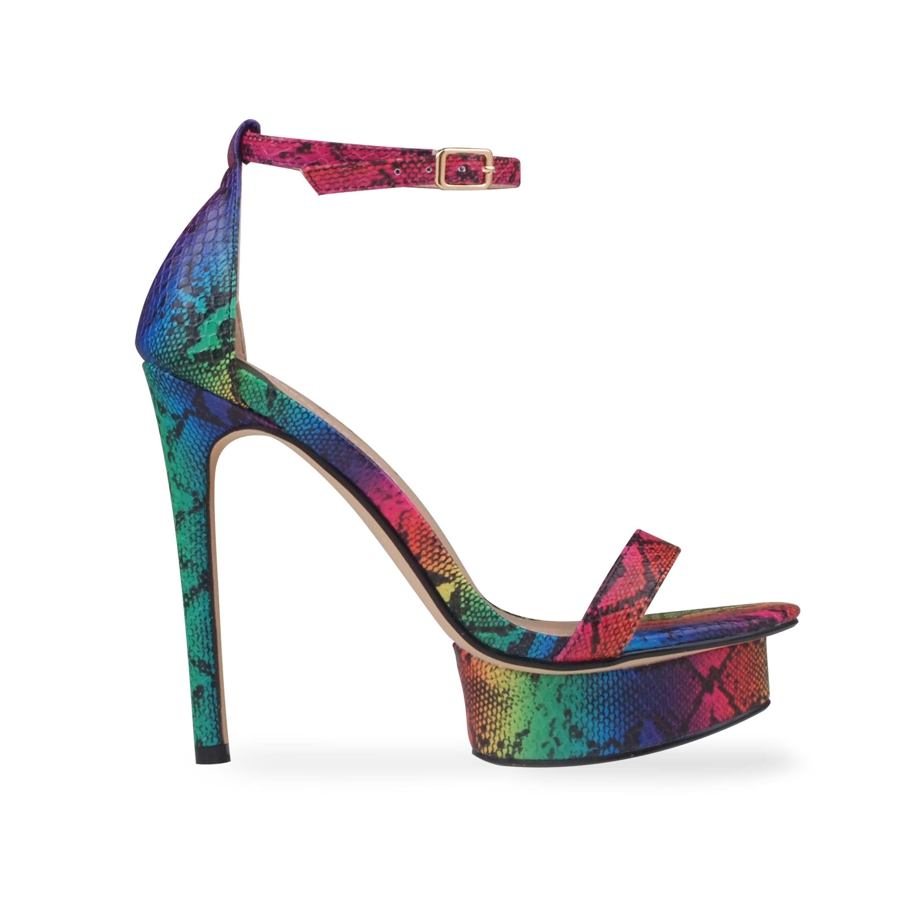 Rainbow snake-patterned heels for women with an open toe and ankle buck closure.