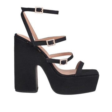 Black platforms with block heels, multiple strap design and ankle buckle closure