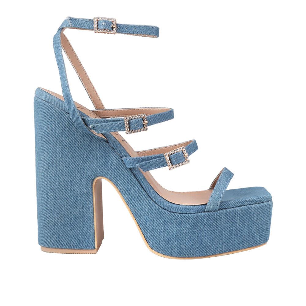 Denim platforms with block heels, multiple strap design and ankle buckle closure