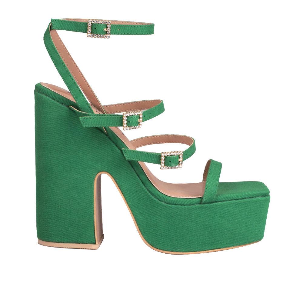 Green platforms with block heels, multiple strap design and ankle buckle closure