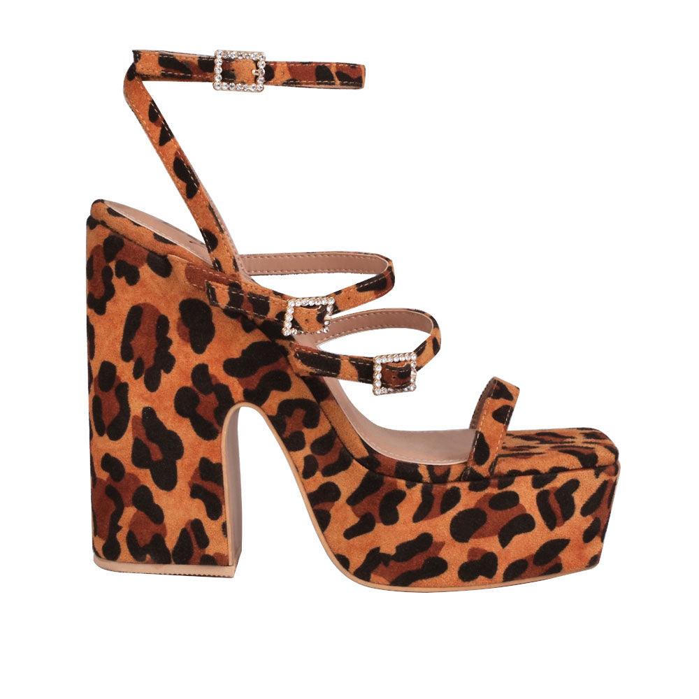 Leopard pattern platforms with block heels, multiple strap design and ankle buckle closure