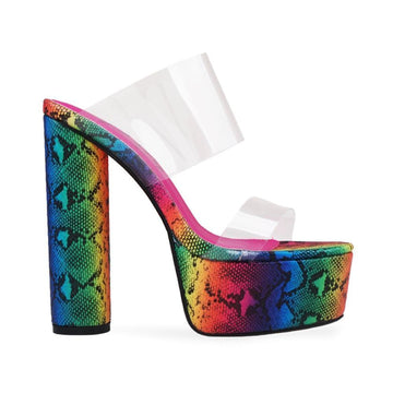 Rainbow snake patterned platform heels with clear upper straps and slip on design 