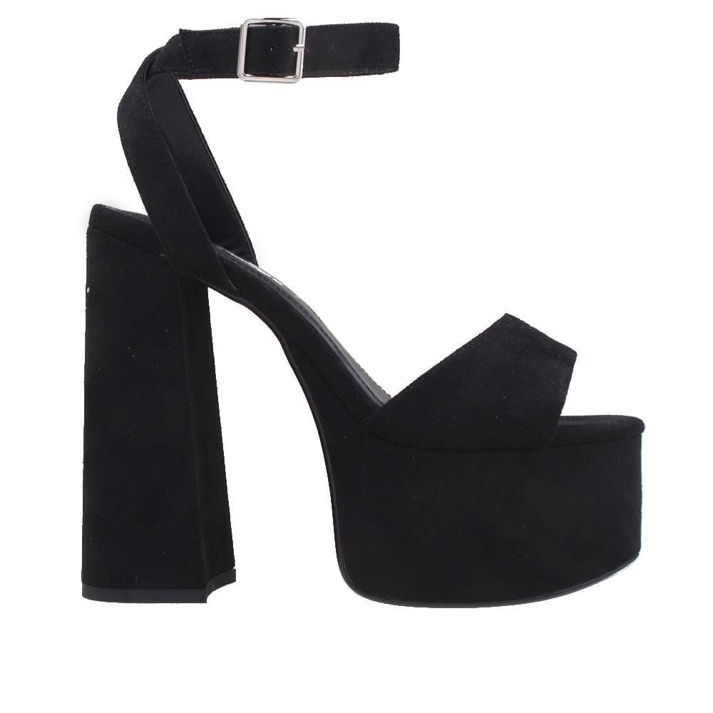 Black colored platform heels with slip on style and ankle buckle clasp