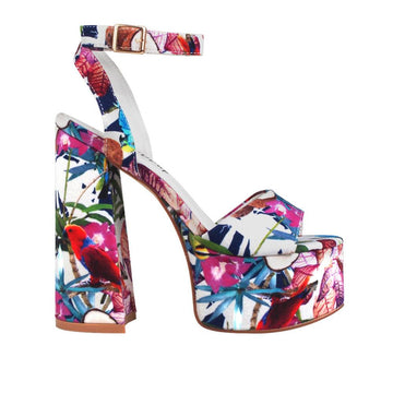 Slip-on fabric upper platform shoes with an ankle buckle closure in multi-floral design
