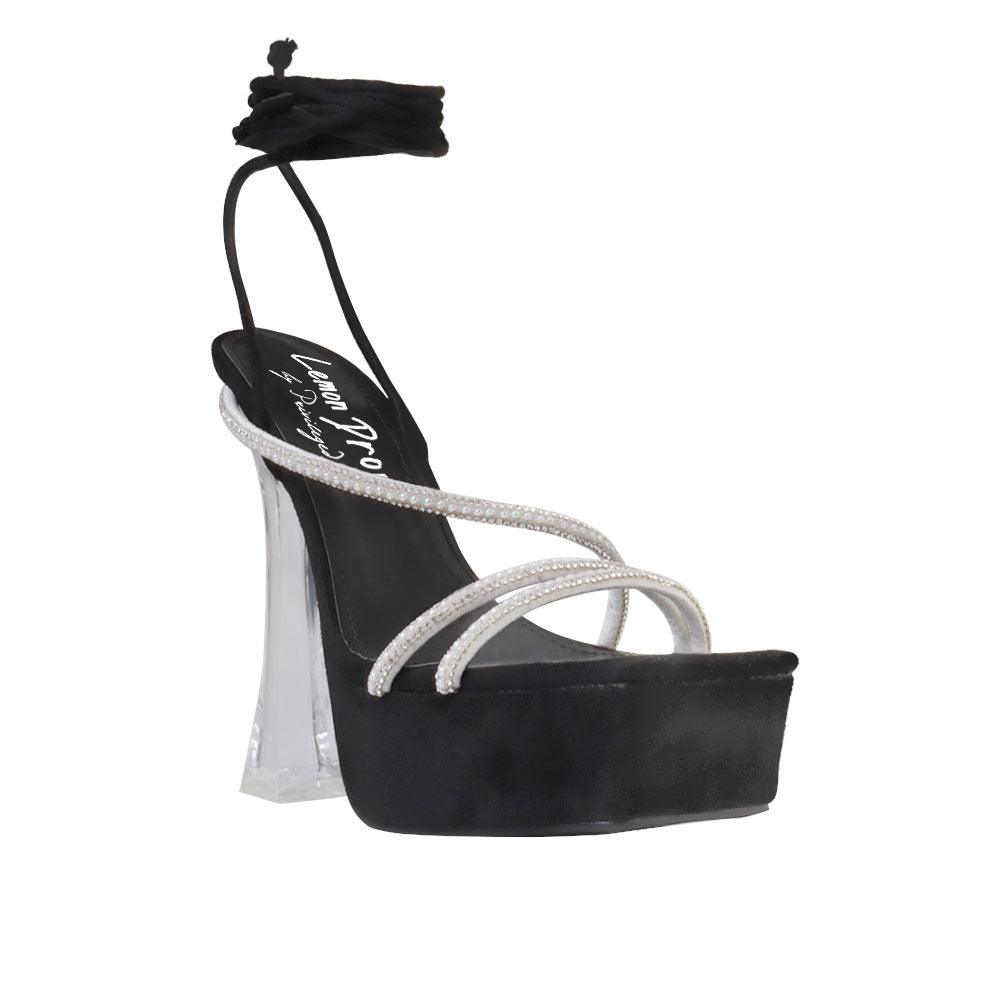 Black coloured women's heel with lace ankle-corner view