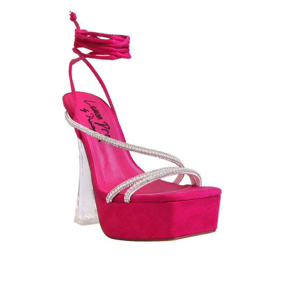 Fuchsia coloured women's heel with lace ankle-corner view