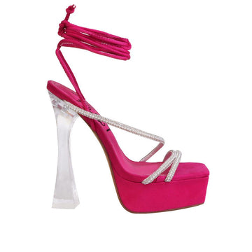 Fuchsia coloured women's heel with lace ankle-side view