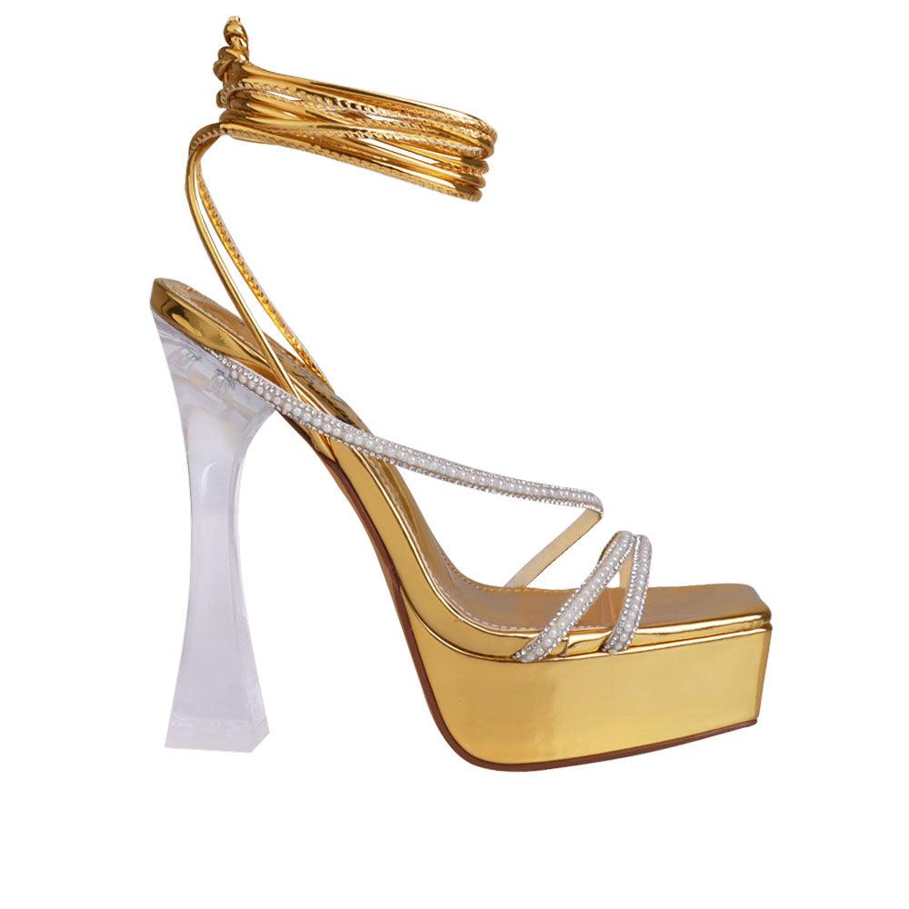 Women's heel with lace ankle in gold-side view