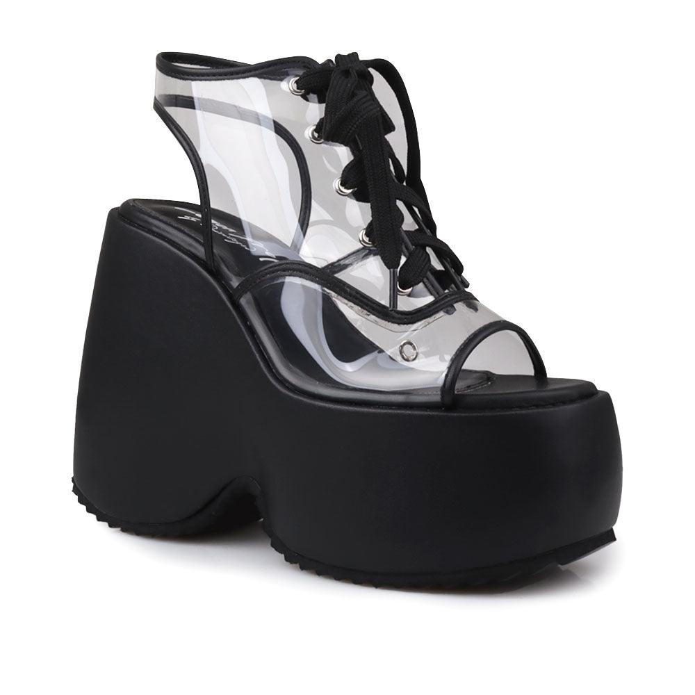 Clear vinyl wedge platform women's shoes in black-corner view