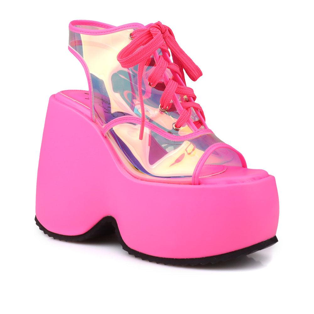 Clear vinyl wedge platform women's shoes in neon pink-corner view