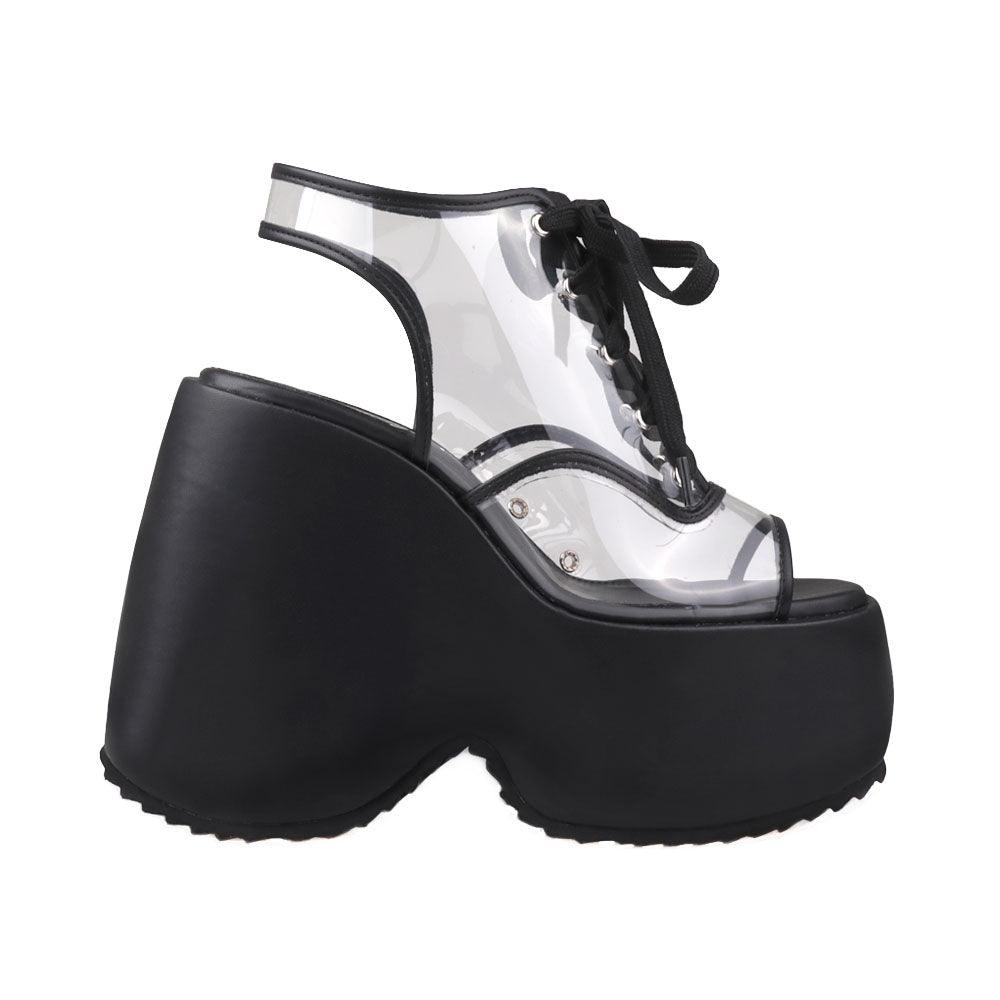 Clear vinyl wedge platform women's shoes in black-side view