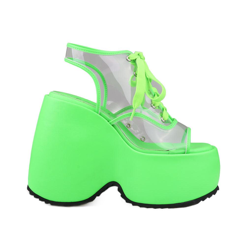 Clear vinyl wedge platform women's shoes in neon green-side view