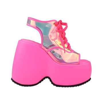 Clear vinyl wedge platform women's shoes in neon pink-side view