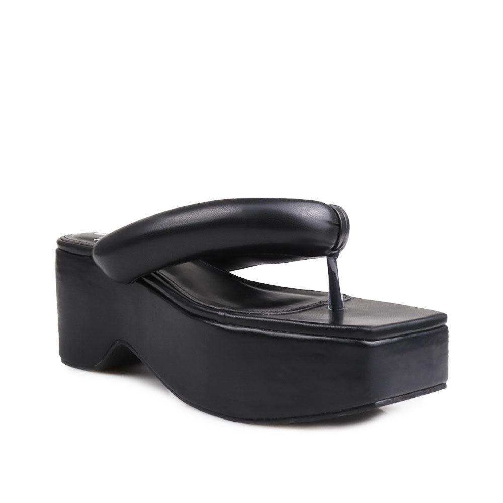 Black vegan leather platform span women's slip ons-corner view