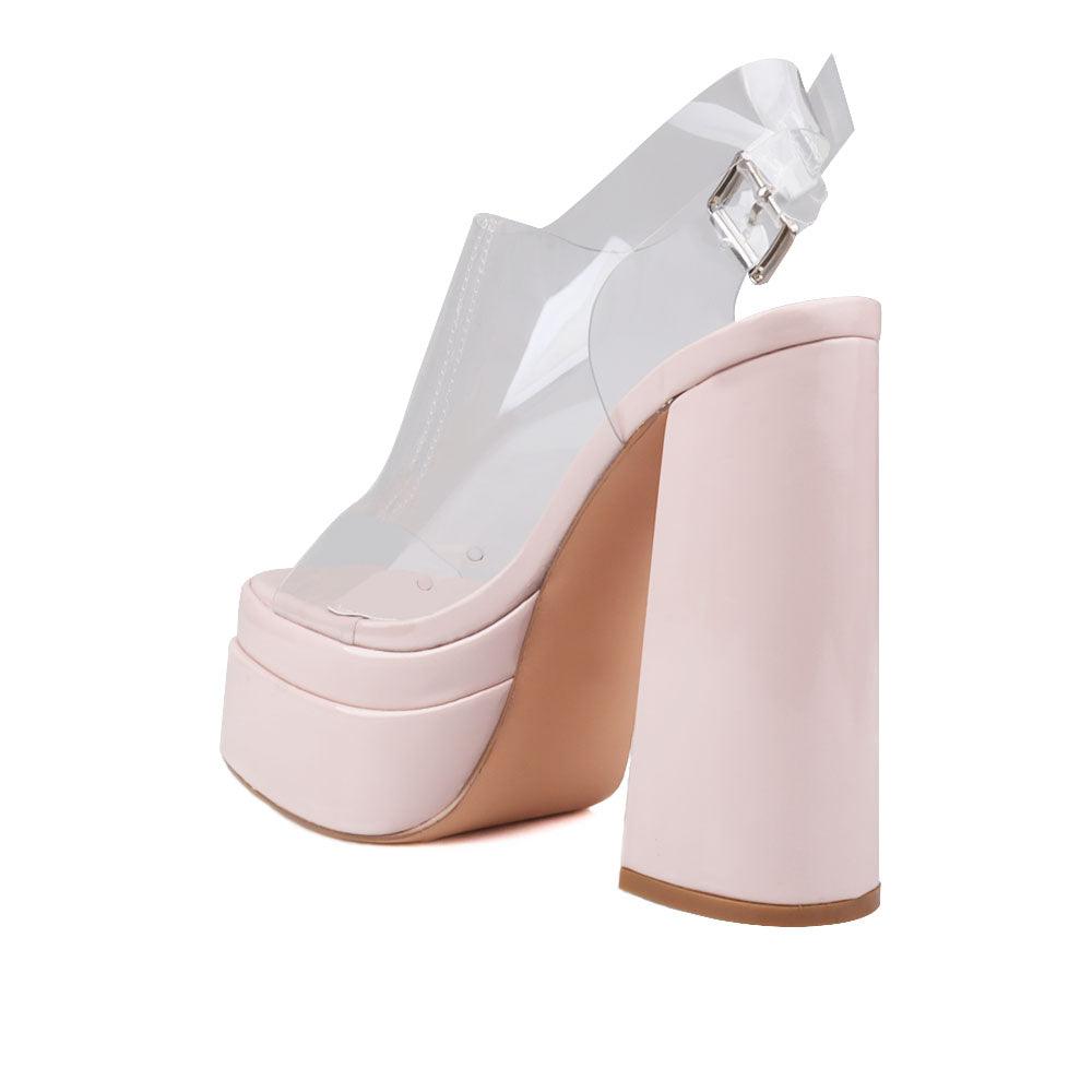 Nude leather women's platform heels with clear vinyl upper-posterior view