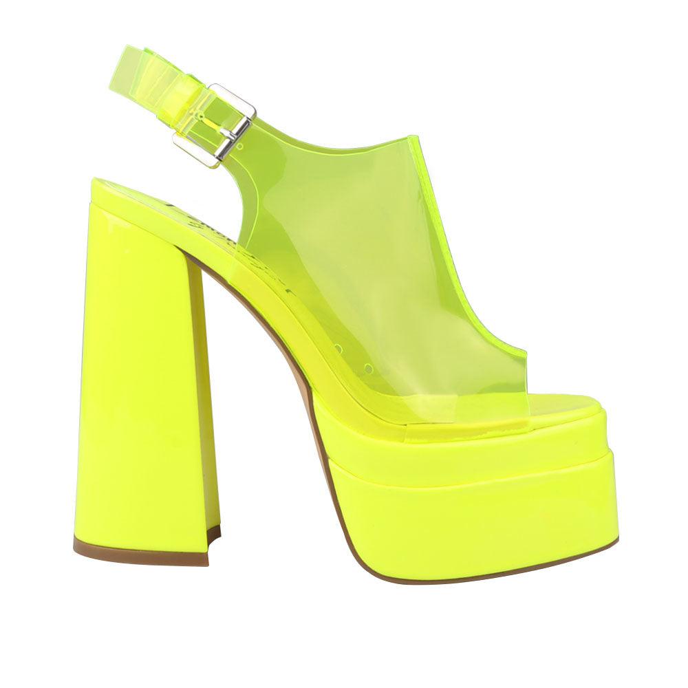 Yellow leather women's platform heels with clear vinyl upper-side view