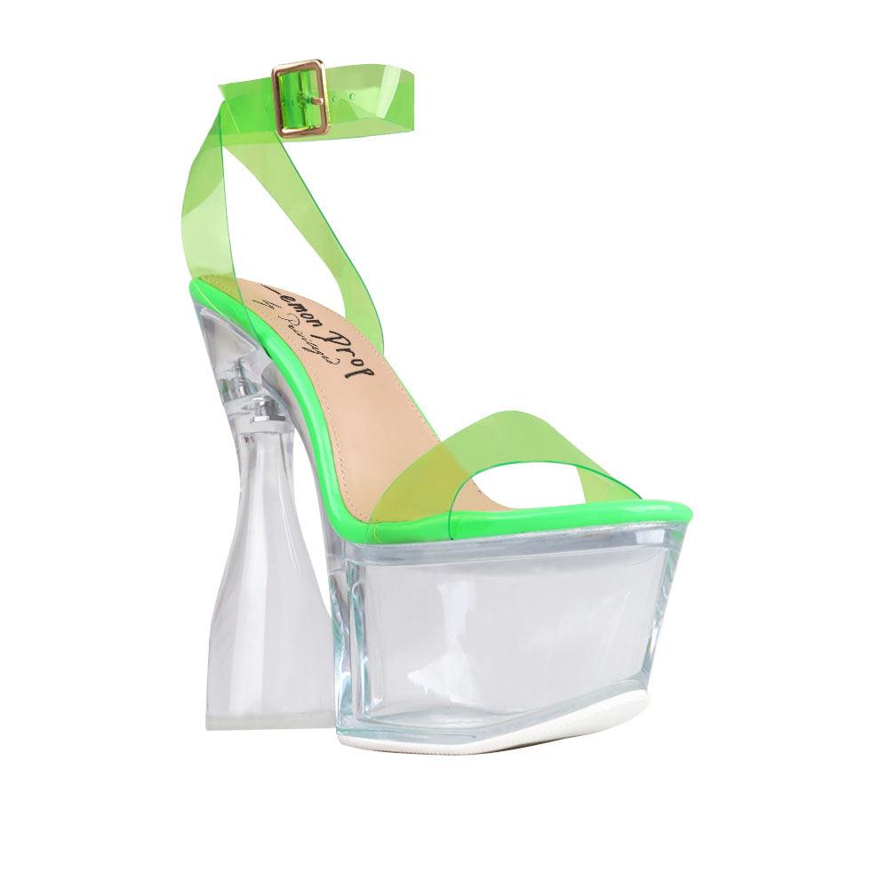 Clear vinyl women's heel with platform in neon green-corner view