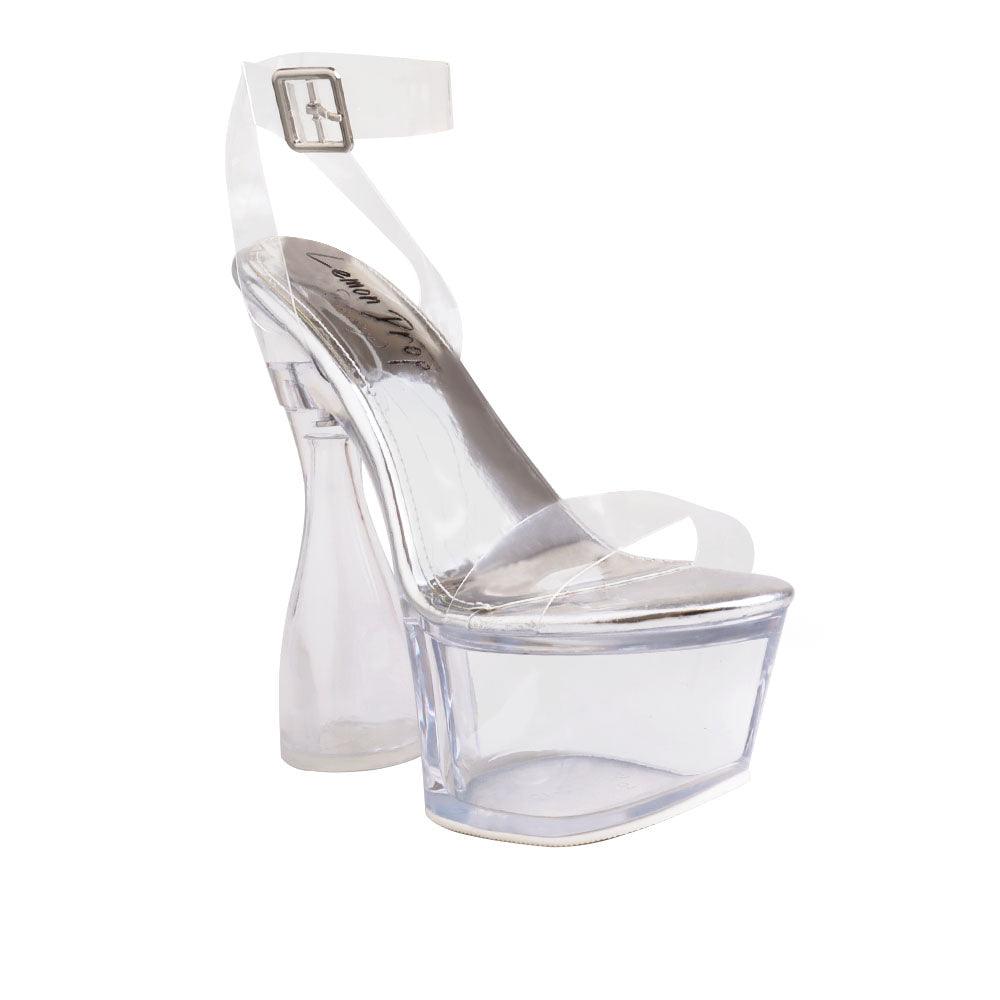 Clear vinyl women's heel with platform-corner view