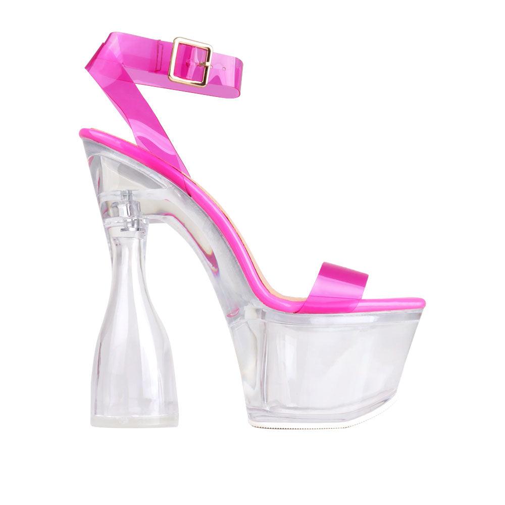 Clear vinyl women's heel with platform in fuchsia-side view