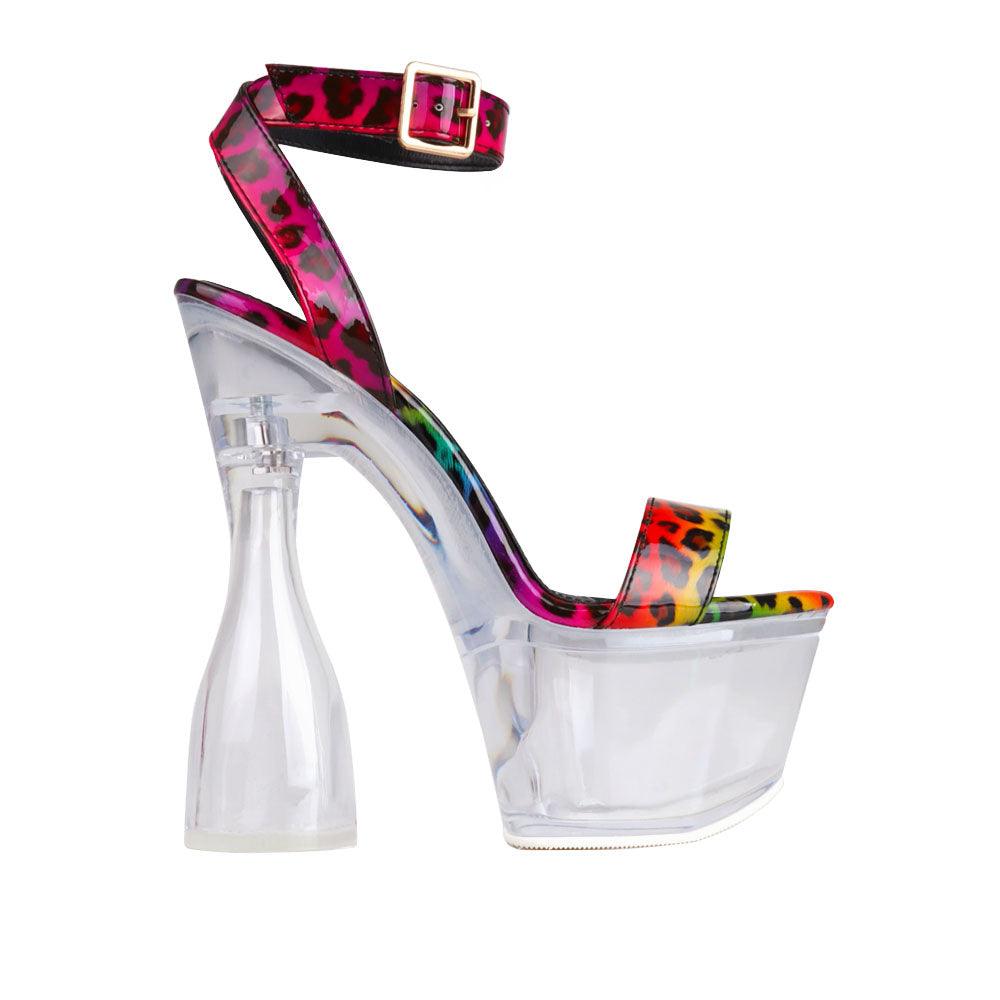 Clear vinyl women's heel with platform in multi color leopard print-side view