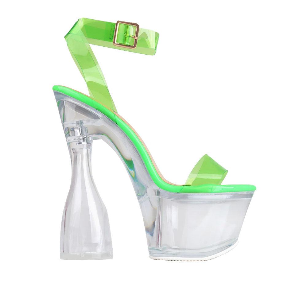 Clear vinyl women's heel with platform in neon green-side view