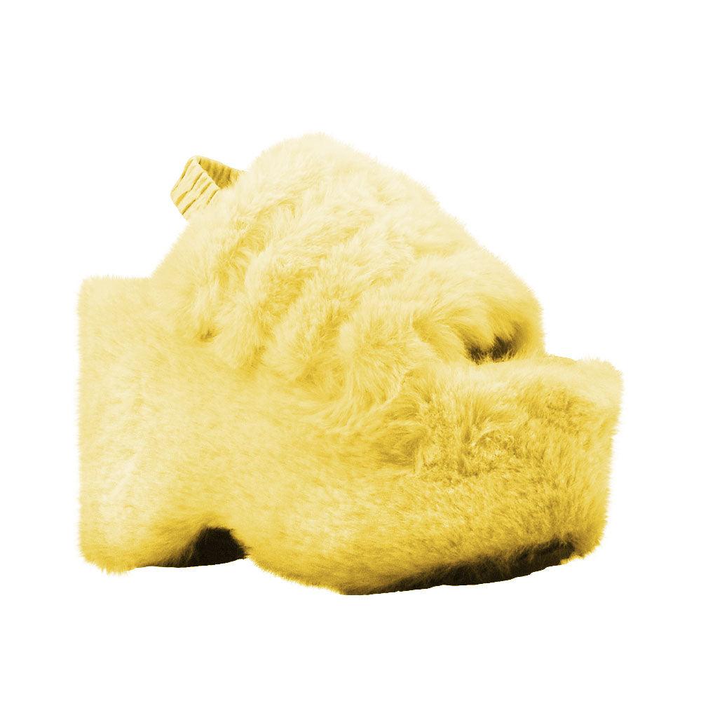 Yellow faux fur women's slip-on platforms-corner view