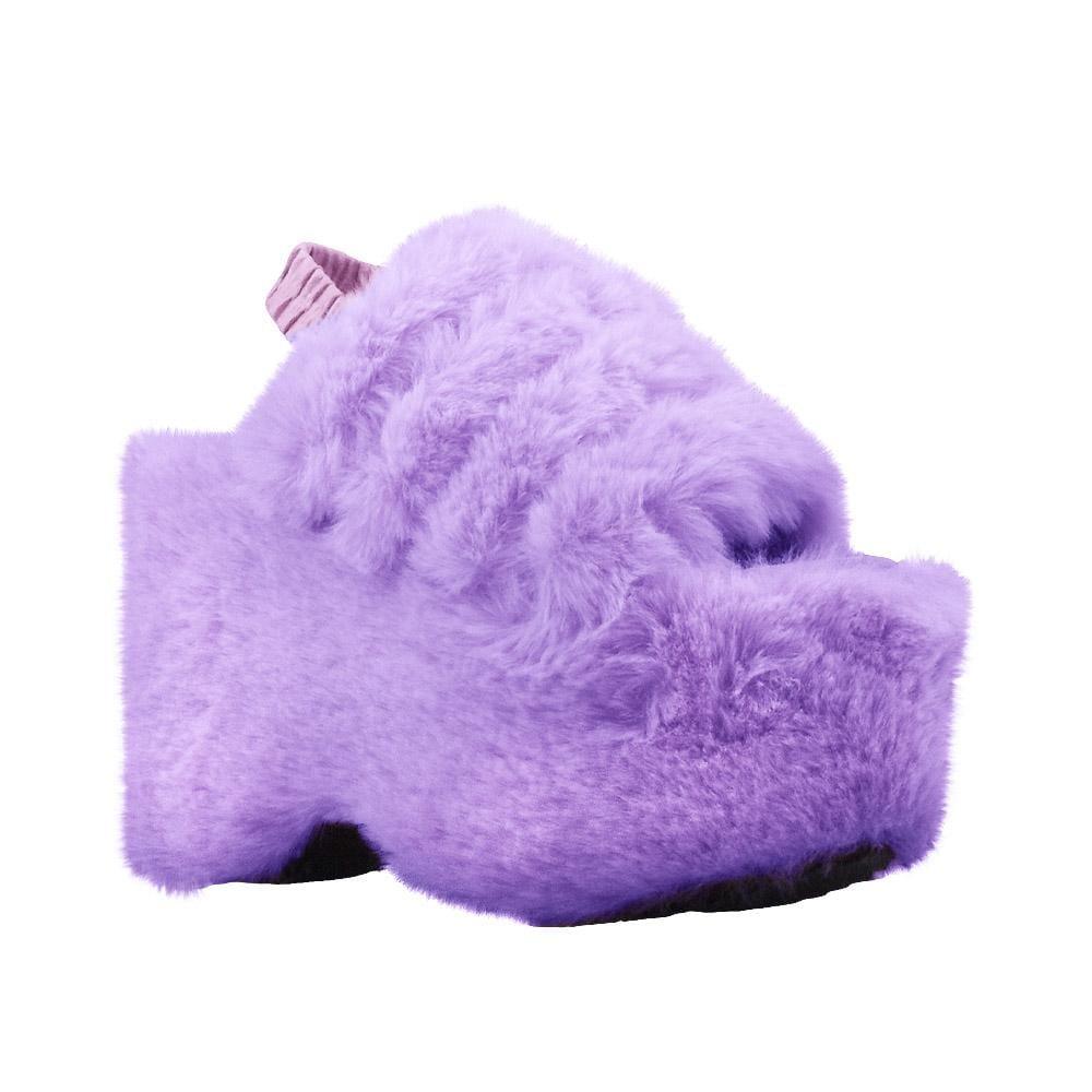 Purple faux fur women's slip-on platforms-corner view