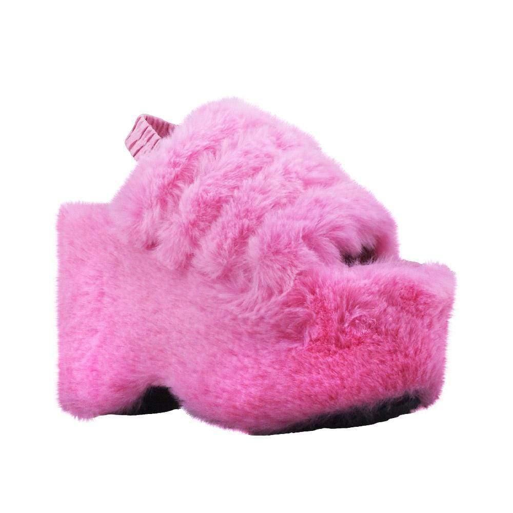 Pink faux fur women's slip-on platforms-corner view