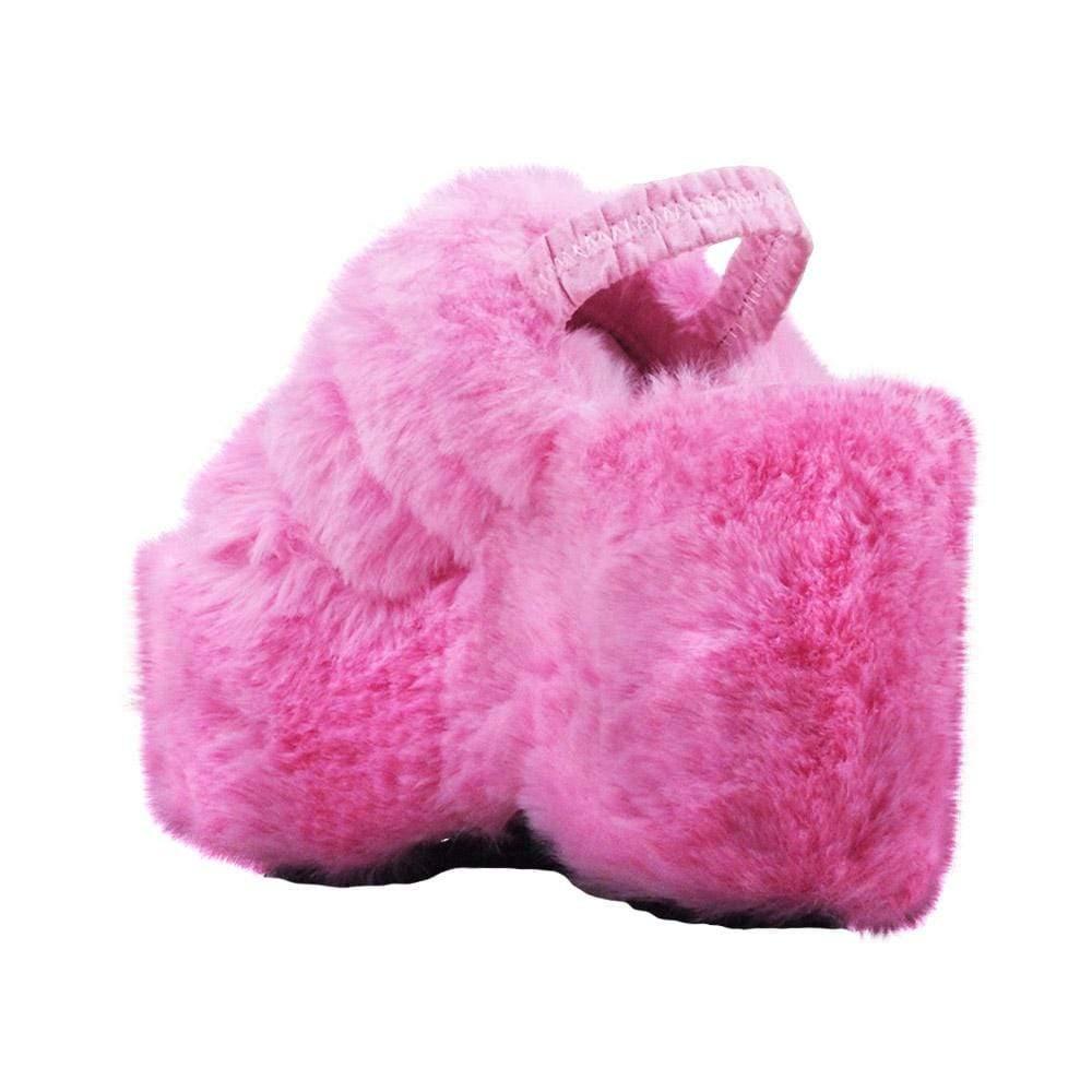 Pink faux fur women's slip-on platforms-posterior view