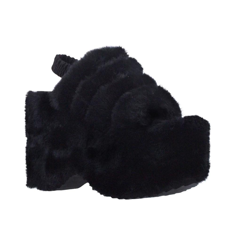 Black faux fur women's slip-on platforms-corner view