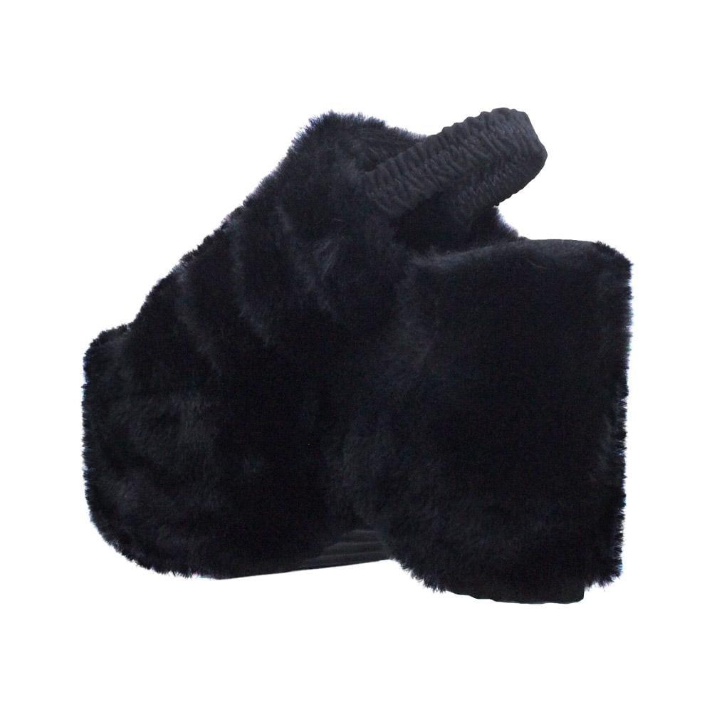 Black faux fur women's slip-on platforms-posterior view